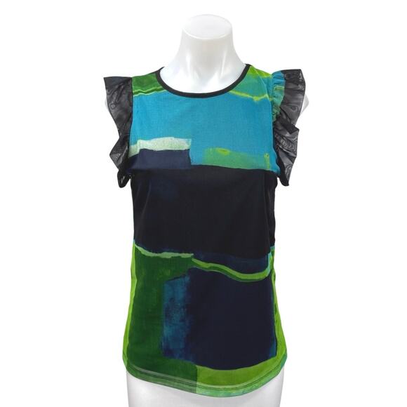 DKNY Women's Blue Green Colorblock Ruffle Mesh Sleeveless Blouse Top Size S - Picture 1 of 4